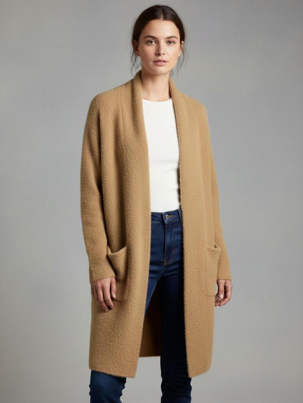 Anthropologie Sleeping On Snow Tan Open Front Long Cardigan Sweater Size M